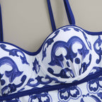 One Piece Swimsuit Women Skinny Slimming Vintage Printed Chiffon Dress with Steel Bracket Hard Bag Swimsuit