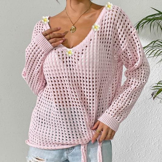 Women V neck Pullover Top Cutout Blouse Lace up Bow Outerwear Shirt Crochet Stitching Loose Sweater Women