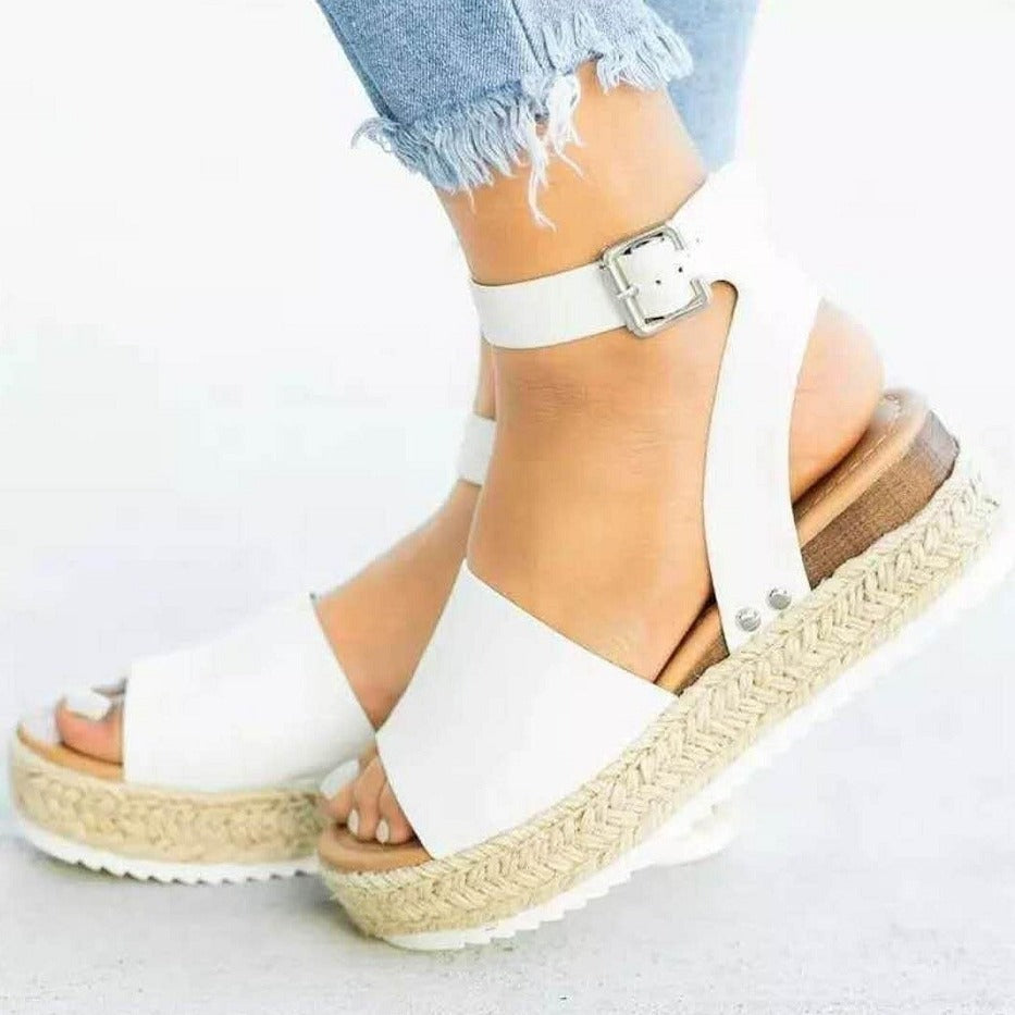 plus Size Summer Platform Heel Buckle Sandals Women Leopard Print Hemp Rope Woven Wedge ZUIMEI