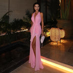 Summer Women Clothing Solid Color Elegant Sexy Mesh Stitching Halter Pleated Dress for Women YIMAIL