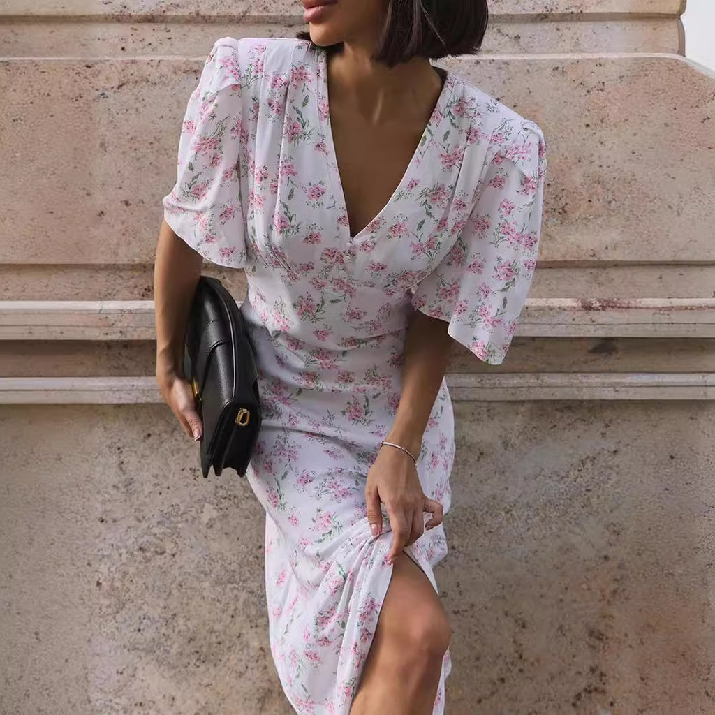 Short Sleeved Floral Dress Summer V Neck Shoulder High Waist Long Floral Dress BlueLine
