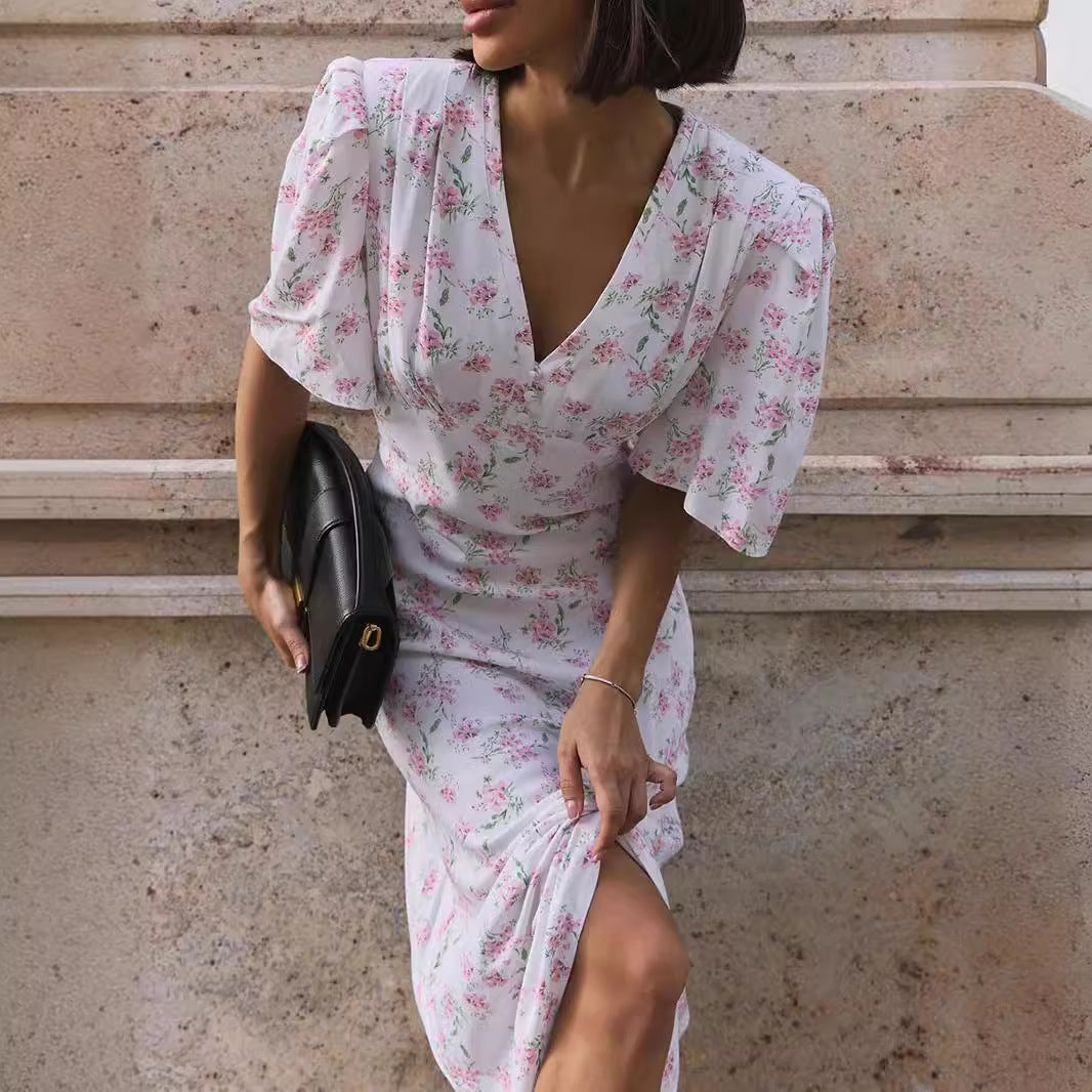 Short Sleeved Floral Dress Summer V Neck Shoulder High Waist Long Floral Dress BlueLine