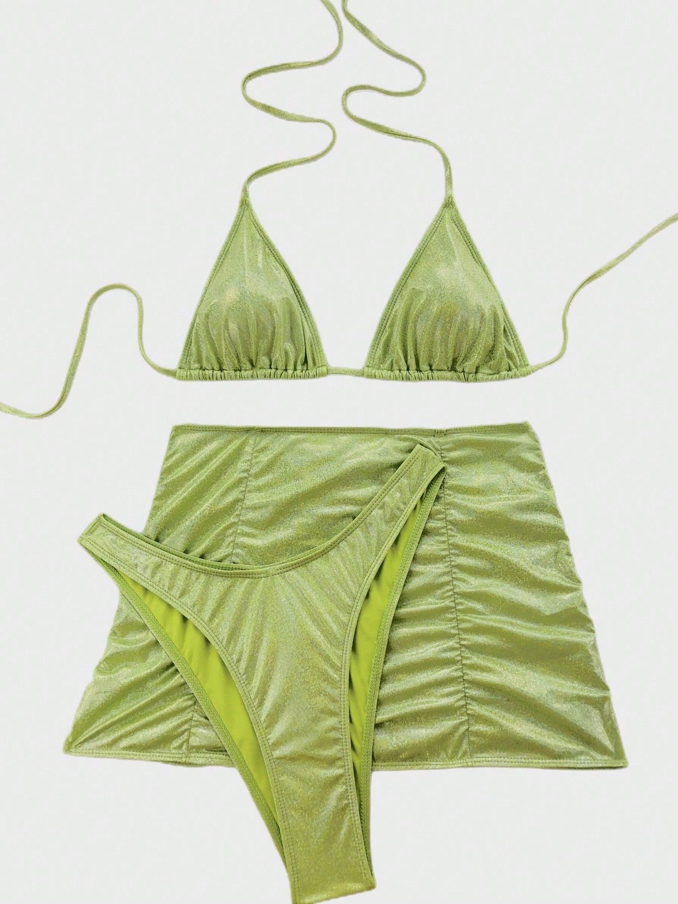 Women Swimsuit Sexy Flash Fabric Three Piece Metallic Coated Fabric Bikini Swimsuit Twingo