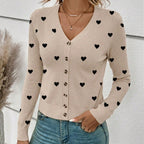 V neck Heart Knitted Cardigan Women Spring Autumn Slim Long Sleeve Sweater Coat Top Owen