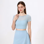 Camiseta deportiva de malla sintética de dos piezas para mujer, de manga corta con almohadilla para el pecho, ropa de yoga, top corto de secado rápido, para adelgazar y fitness