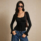 Square Collar Long Sleeve T shirt Women Lace Stitching Tied Waist Slimming Flared Sleeves Top Yiskiss