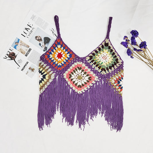 Women Clothing Women Top Pure Hand Crocheting Random Mixed Color Stitching Camisole Tassel Shirt Crochet
