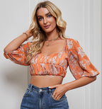 Women Clothing V neck Cropped Outfit Holiday Floral Print Chiffon Shirt Spring Summer XINXI