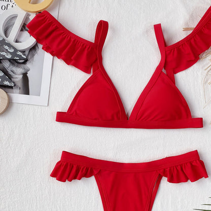 Outer Single Swimsuit Solid Color Lotus Sleeve Women Seperated Swimwear Swimsuit