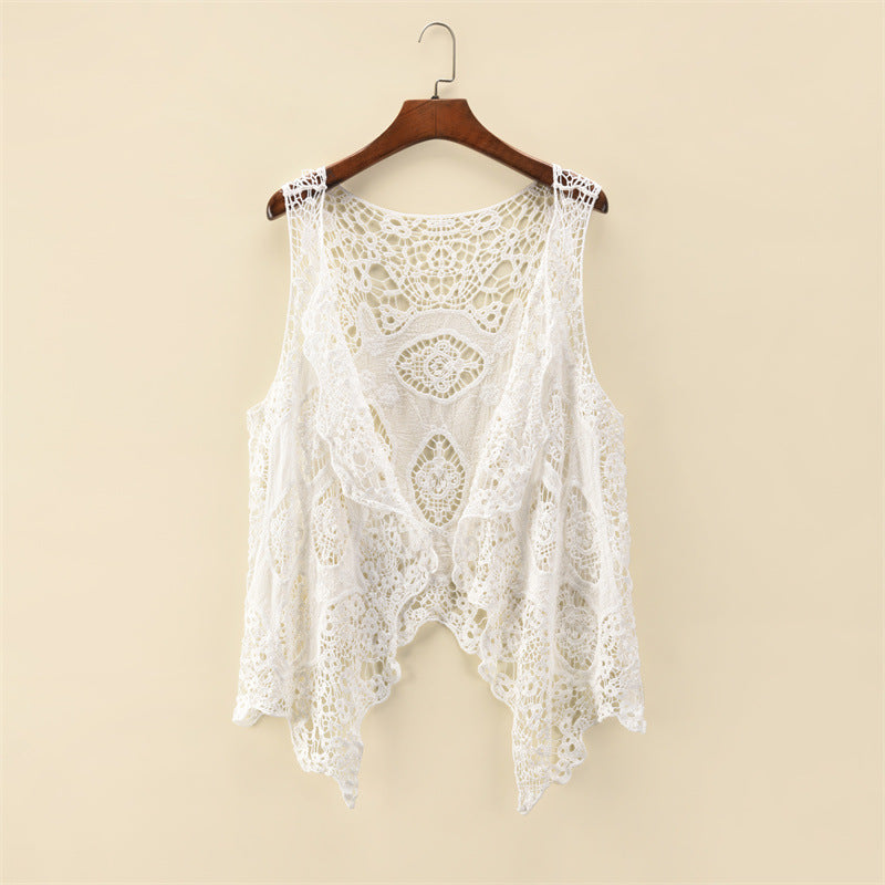 Women Summer Coat Thin Coat Sleeveless Lace Cardigan All Match Shawl Beachwear Sun Protection Clothing Women Hollow Out Cutout Shirt YTCYZ