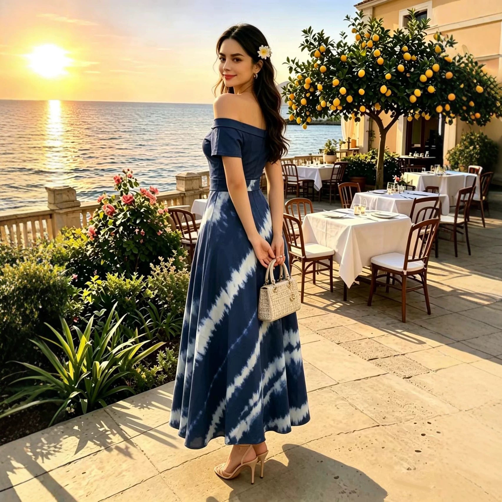 Printed Spring Summer off Shoulder Elegant Short Sleeve Slim Women Dress Inly