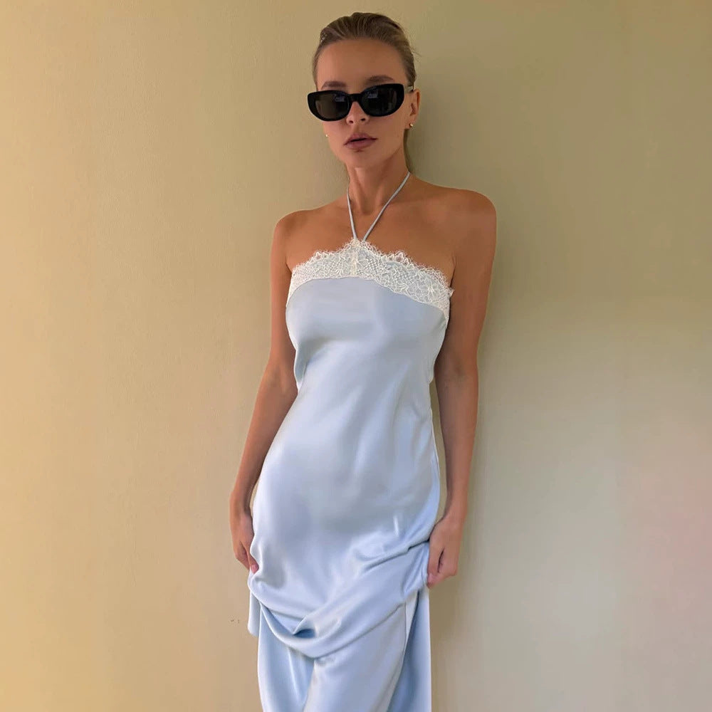 Sexy Sleeveless Halter Tube Top Lace Trim Dress Satin Skin Friendly Slim Strap Dress Women LaceCH