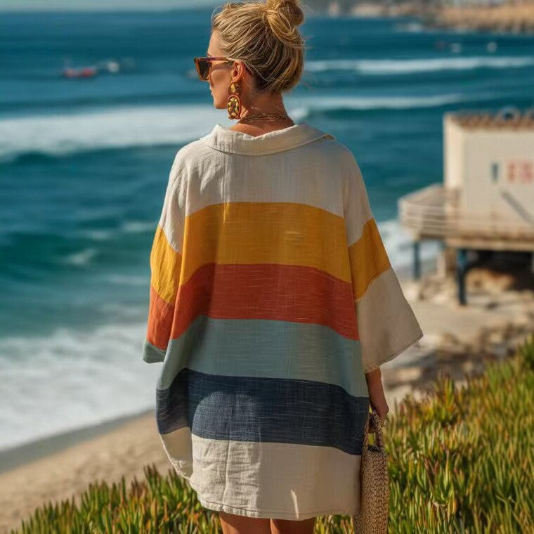 Bohemian Color Stripes Slub Linen Top Loose 3/4 Sleeve Casual Shirt Seaside Vacation Blouse Gemi