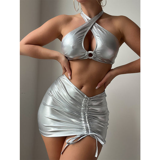 Bikini sexy de tres piezas de color sólido