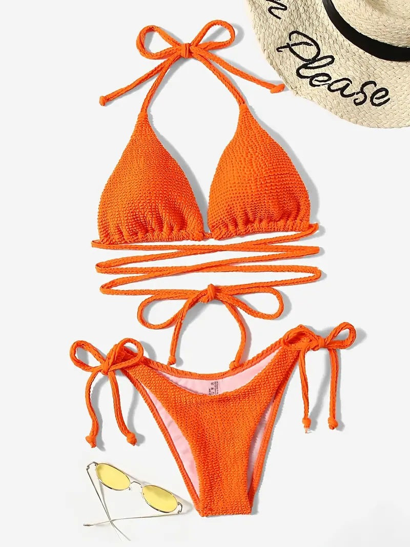 Lace Up Bikini Solid Color Triangle Bag Women Swimsuit Sexy Backless Swimsuit
