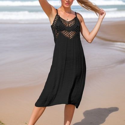 Summer Mid Length Vacation Beach Dress Solid Color Sleeveless Hollow Out Cutout-out Camisole Bikini Smock Dress