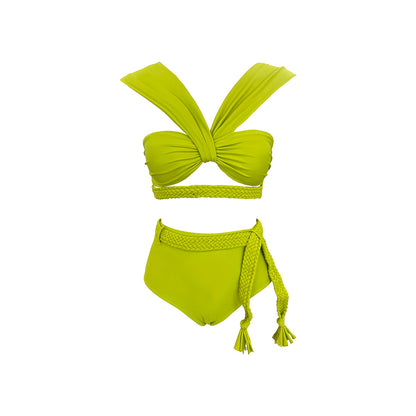 Solid Color Braid Rope High Waist with Straps Bikini Split Swimsuit Women Bikini