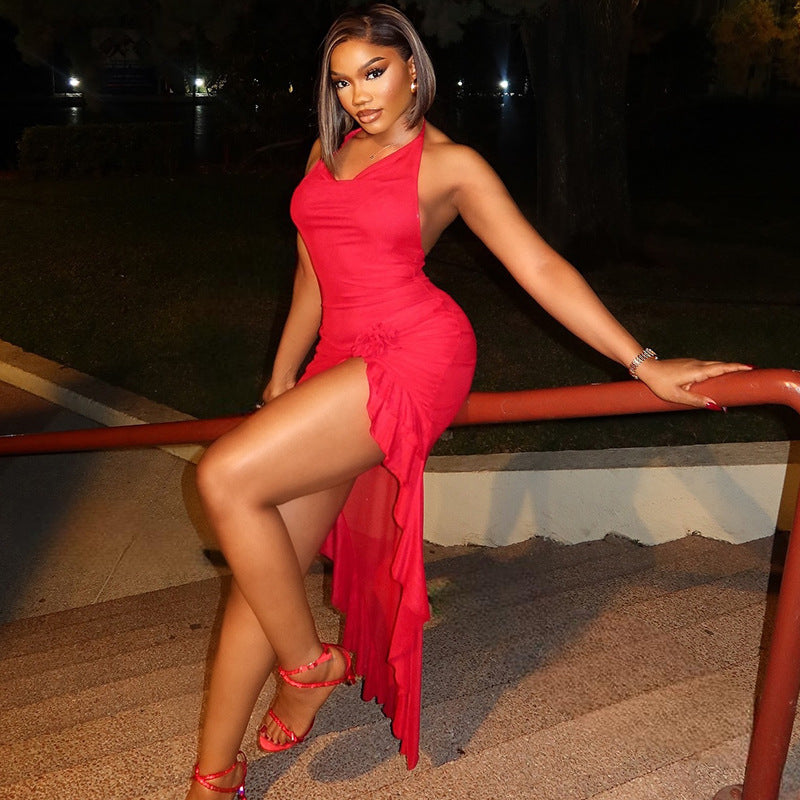 Robe queue de poisson sexy et élégante pour femme, couleur unie, sans manches, col en V, mi-longue