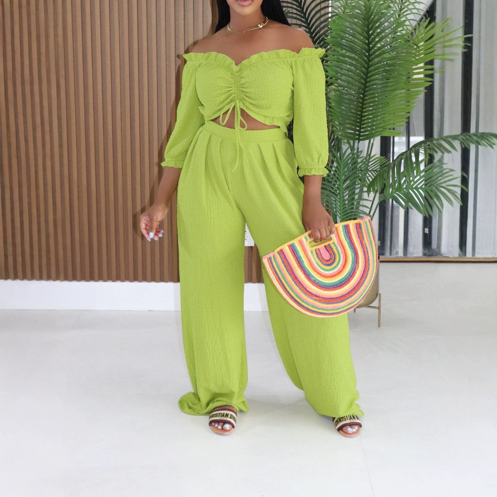 Women Clothing Half Sleeve Pleated Lace up Loose Breathable Two Piece Sets Sexy Summer Endless