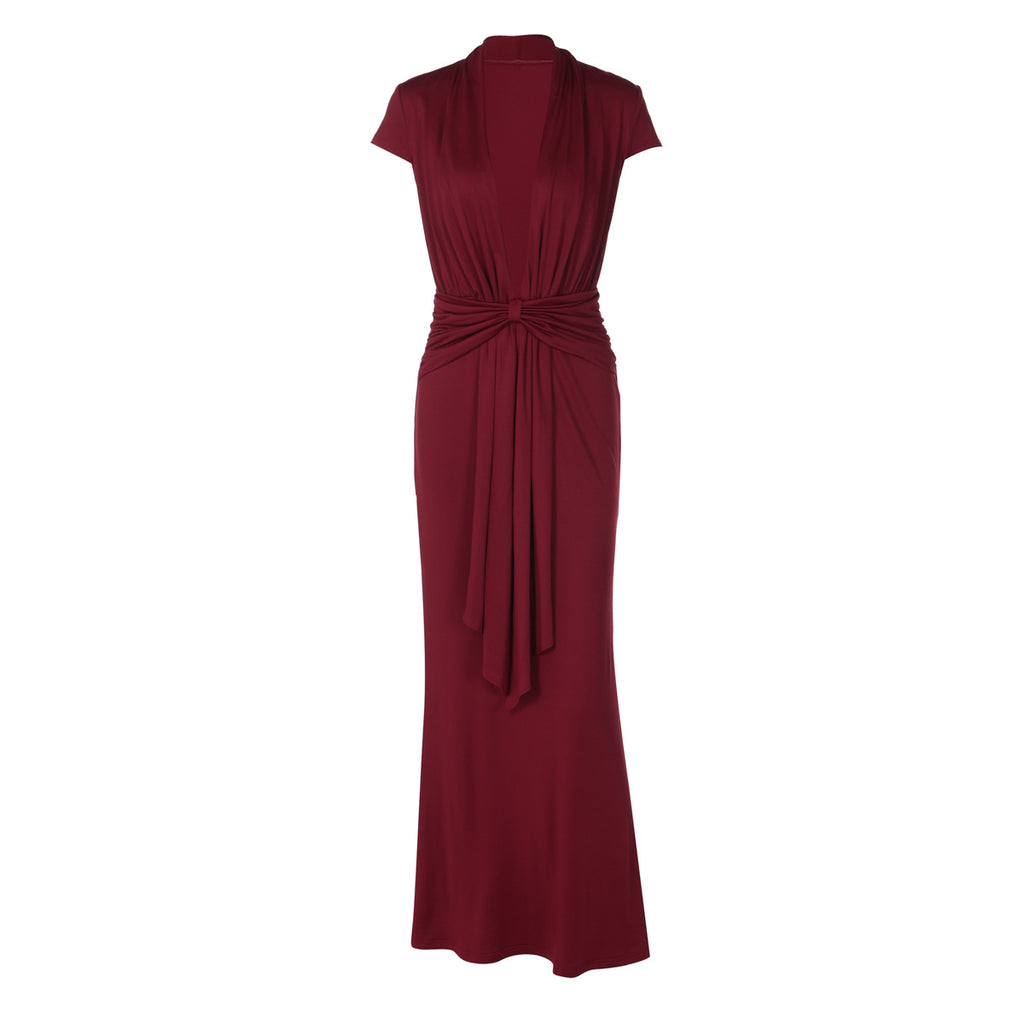 Sexy Solid Color Deep V Plunge neck Short Sleeve Ribbon Slim Sheath Dress LEKINS
