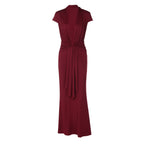 Sexy Solid Color Deep V Plunge neck Short Sleeve Ribbon Slim Sheath Dress LEKINS