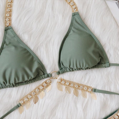 Traje de baño de bikini para mujer, de malla roja, sexy, con tirantes de cadena, push up y abertura.