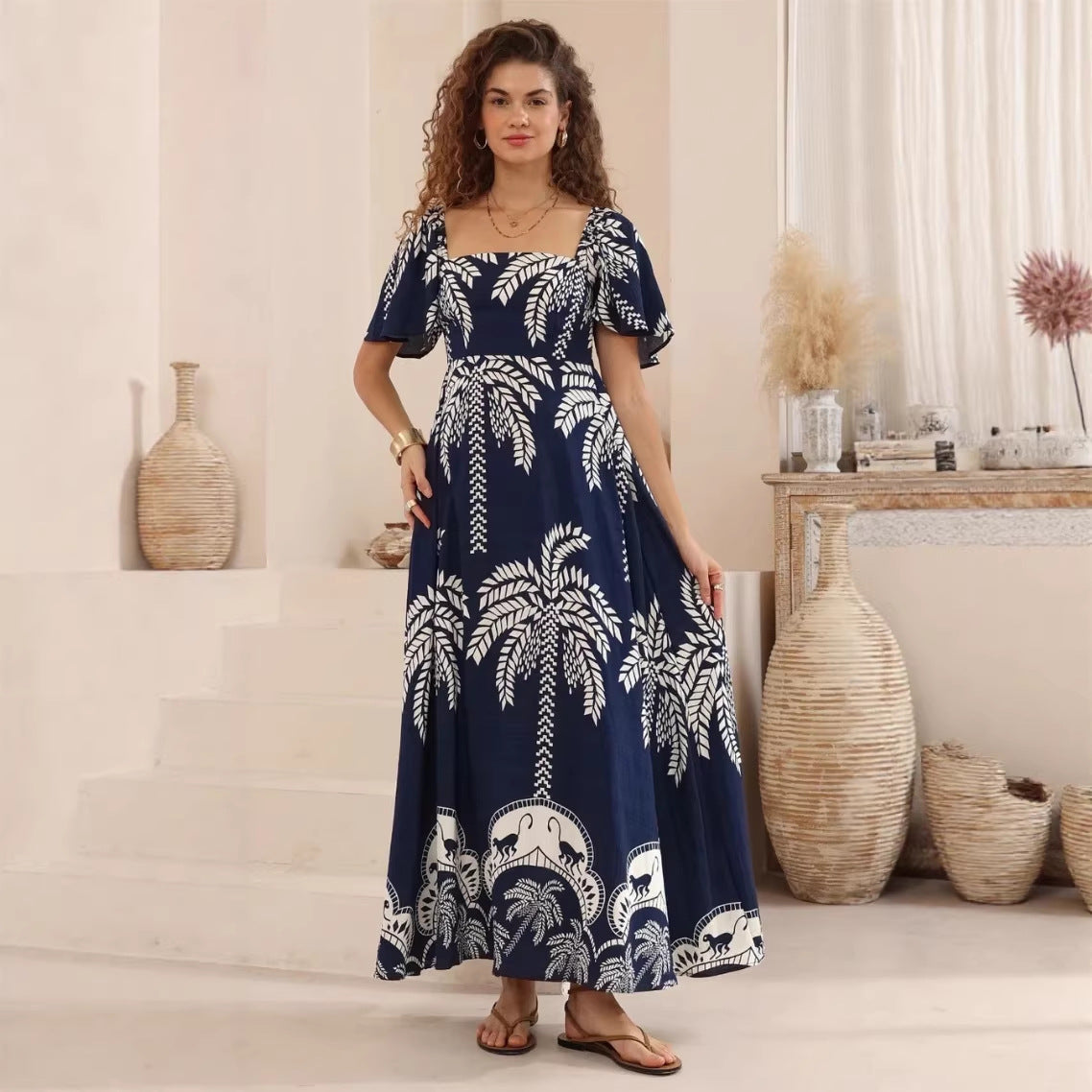 Summer Dress Printed Bell Sleeve High Waist Big Swing French Dress Zemy