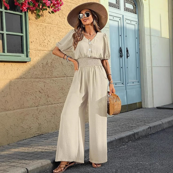 Mono elegante de manga corta con cuello, cintura ajustada y pierna ancha para mujer