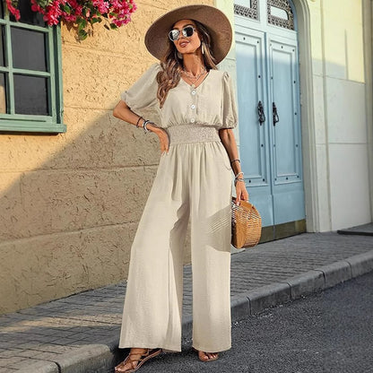 Women Wear Elegant Short Sleeve Collared Waist Tight Jumpsuit Wide Leg Loose Jumpsuit