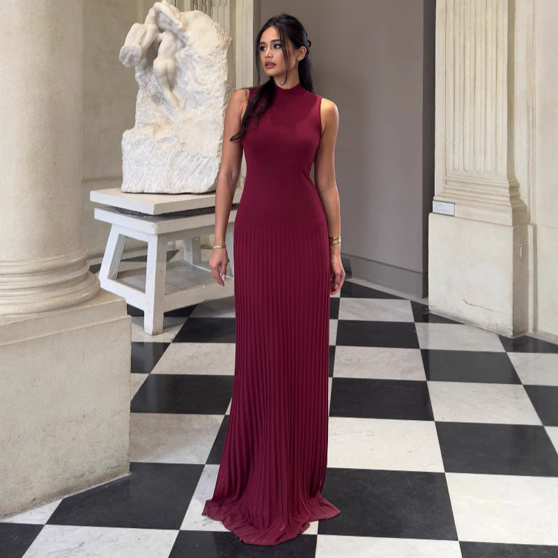 Half Turtleneck Sleeveless Knitted Maxi dress Solid Color Pleated dress Tight Summer Maxi Dress Havana