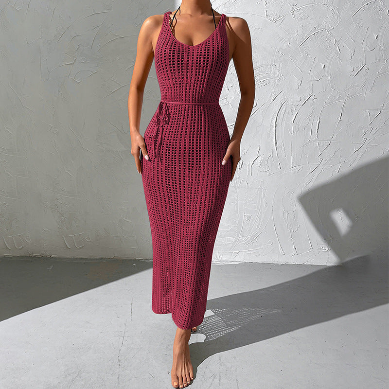 Vestido de punto con espalda descubierta y aberturas para mujer, blusa playera de vacaciones