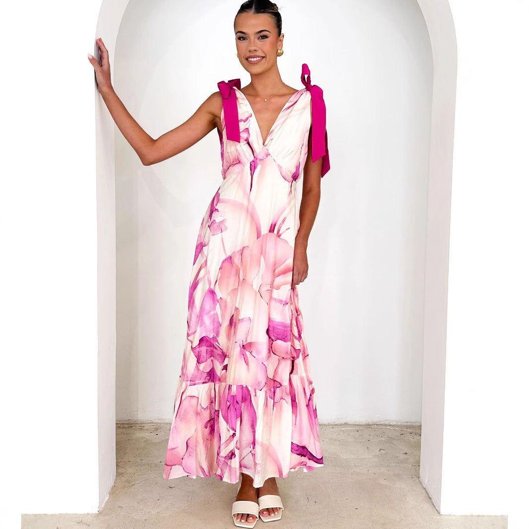 Summer Women Maxi Dress V neck Sleeveless Printed Dress XUYUN
