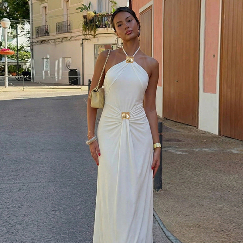 Women Clothing Spring Summer Sexy Waist Trimming Back Hollow Out Cutout out Tied Dress Women BULLINGER