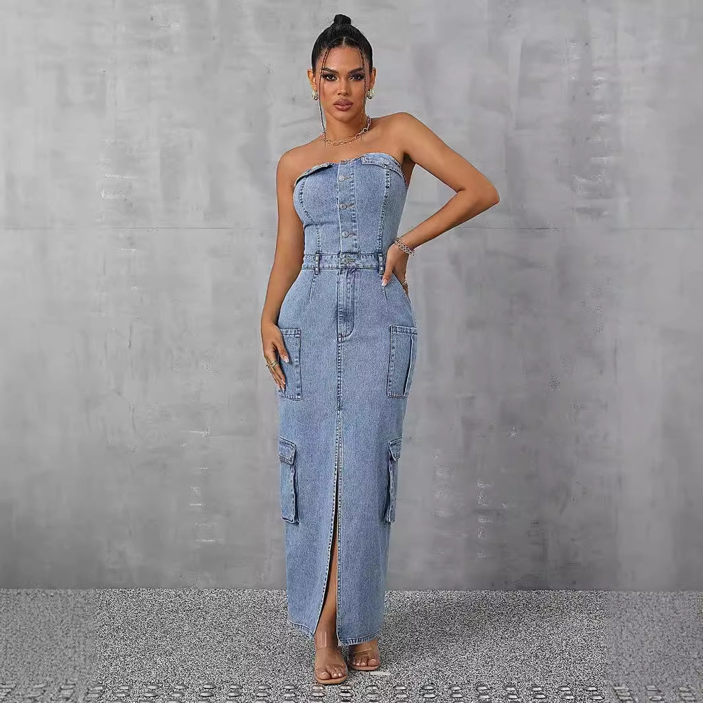 Women Clothing Casual Tube Top Tooling Large Pocket Denim Dress FentyWild
