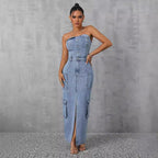 Women Clothing Casual Tube Top Tooling Large Pocket Denim Dress FentyWild