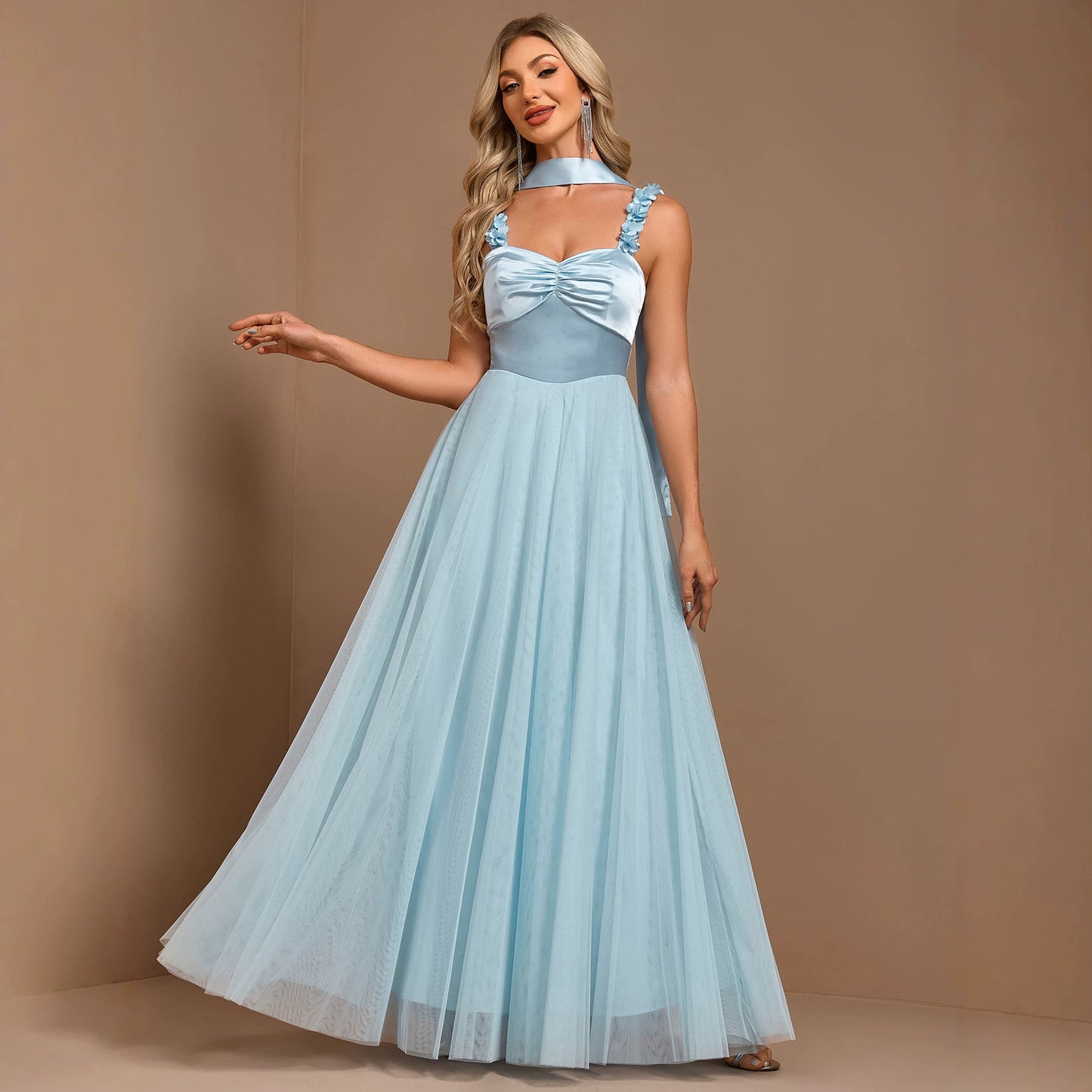Elegant Halter Strap Handmade Floral Pleated Chest Color Stitching Mesh A Swing Evening Dress HENGACHI