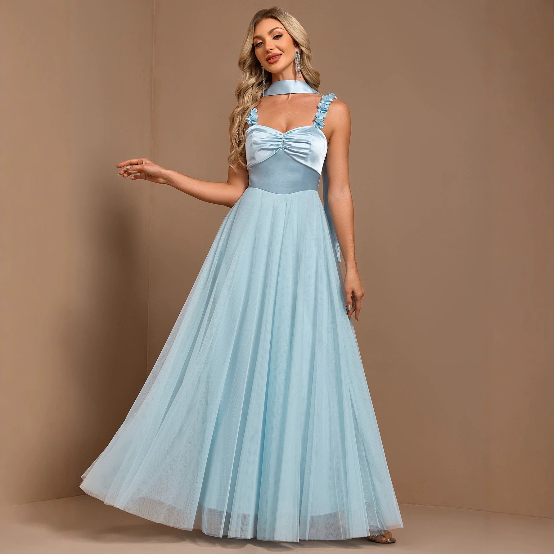 Elegant Halter Strap Handmade Floral Pleated Chest Color Stitching Mesh A Swing Evening Dress HENGACHI