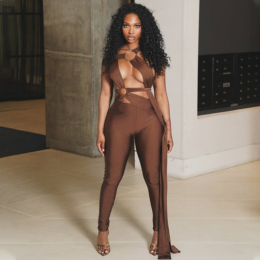 Sexy Women Streetwear Lace up Cutout Metal Ring Jumpsuit Solid Color Skinny Pants Long Jumpsuit