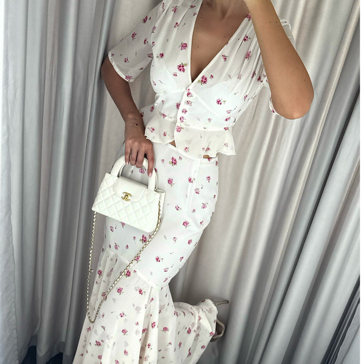V neck Short Sleeve Cardigan Top Hip Skirt Two Piece Set Summer Printed Skirt Set for Women Kigali