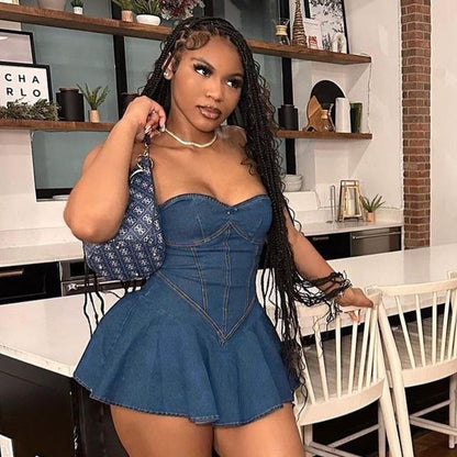Summer Sheath A Line Sexy Tube Top Imitation Denim Dress Women