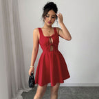 Women Clothing Summer Sexy Square Collar Red Dress A line Slip Dress Yiskiss