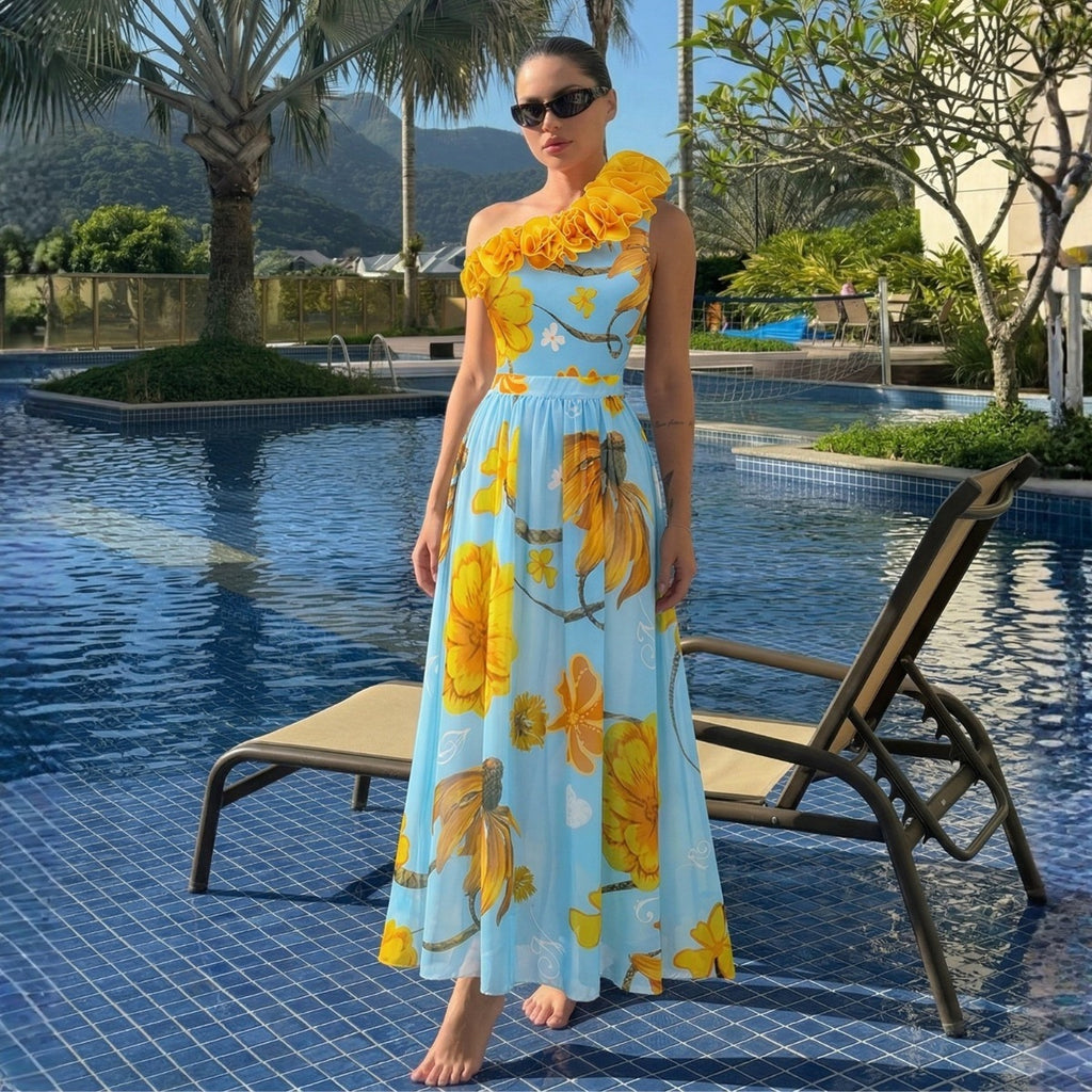 Fresh Blue Bottom Sunflower Single Shoulder One Piece Swimming Women Two Piece Set Three Dimensional Flounce Vacation Swimsuit Women ShineRealm