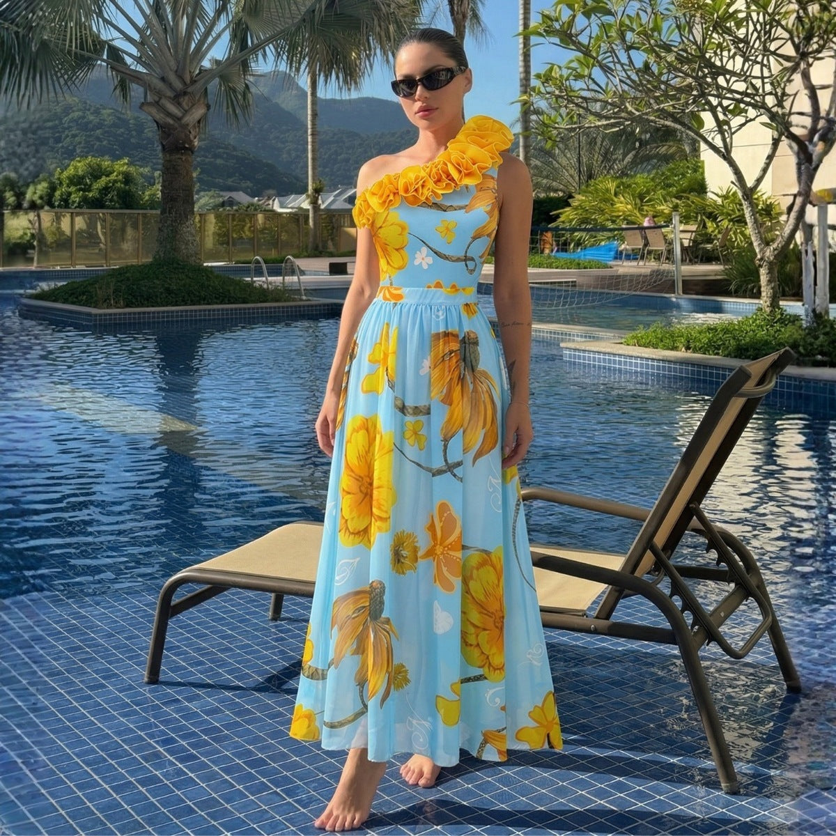 Fresh Blue Bottom Sunflower Single Shoulder One Piece Swimming Women Two Piece Set Three Dimensional Flounce Vacation Swimsuit Women ShineRealm