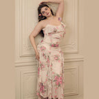 Spring Women Clothing French Sexy Ruffled Floral Decoration Printed Mesh Sling Dress YIMAIL