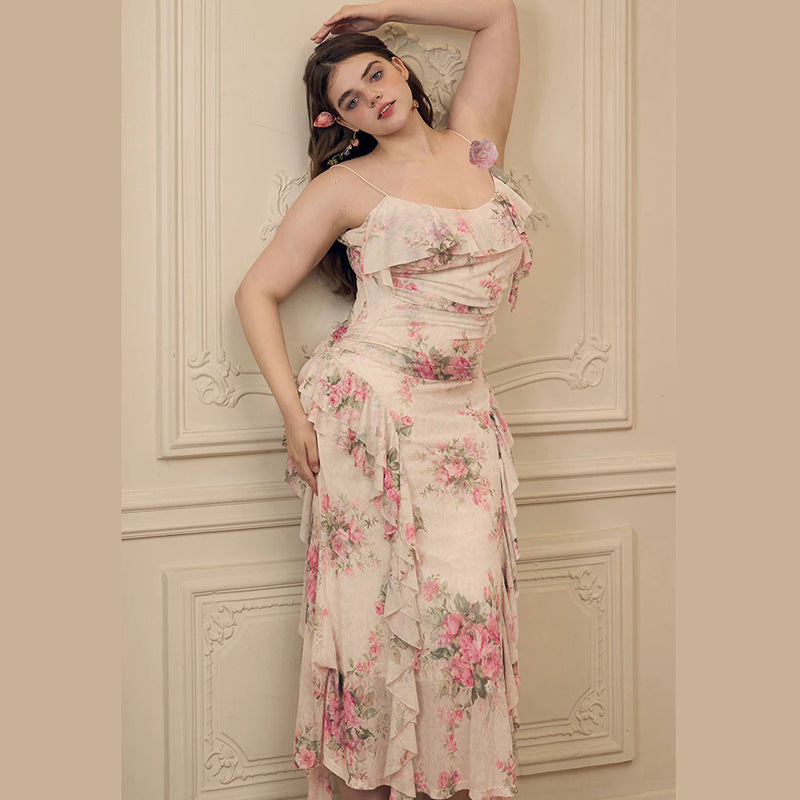 Spring Women Clothing French Sexy Ruffled Floral Decoration Printed Mesh Sling Dress YIMAIL