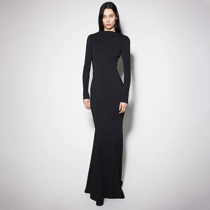 Women Clothing Summer Sexy Long Sleeve Backless Lace Hip Elastic Metal Decoration Dress