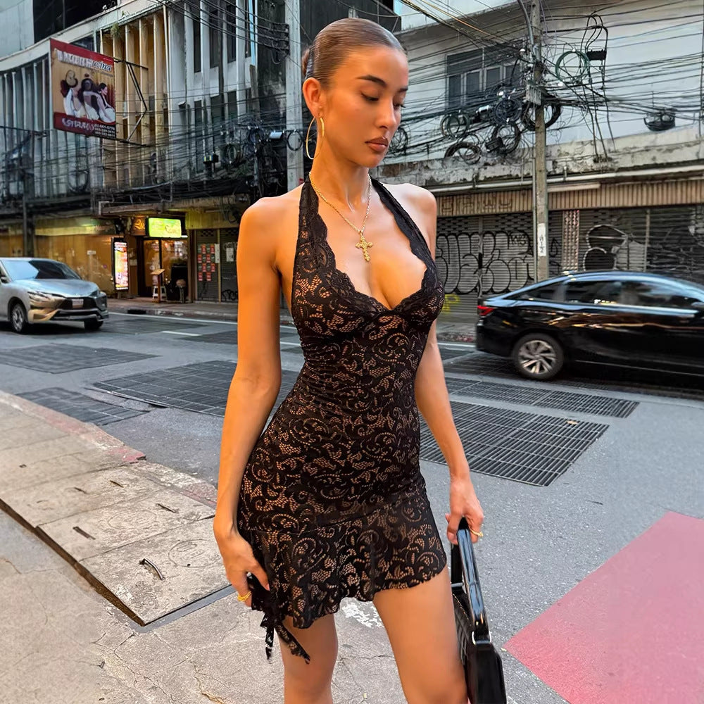 Sexy Women's Lace Fabric Low Cut Halter Sexy Slim Fit Figure Flattering Dress LaceCH