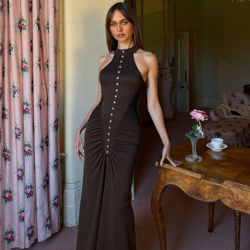 French Women Autumn Slim Fit Crumpled Button round Neck Sleeveless Dress for Women