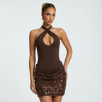 Women Clothing Autumn Solid Color Sleeveless Cross Halterneck Lace Up Hem Sequin Short Dress HONEYBADGER
