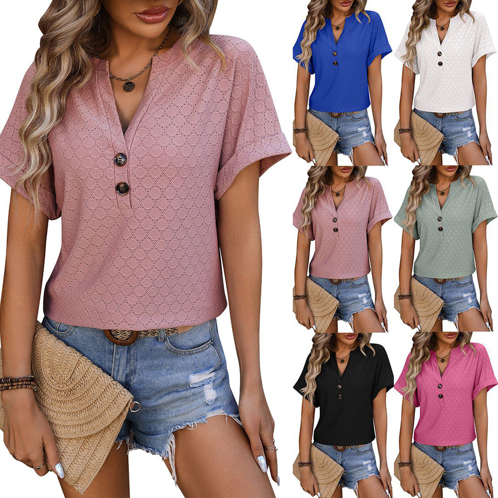 T-shirt à manches courtes ample à pois, col en V, boutonné, couleur unie, printemps-été, pour femme